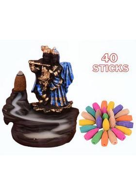 Jiyansh Creation Combo Pack Of Radha Krishna Smoke Fountain Incense Holder With 40 Units Decorative Showpiece - 10 Cm(Polyresin Blue)