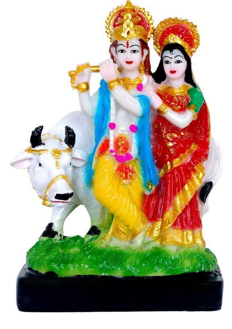 Kcva Creation Radha Krishna With Cow Radha Krishna Cow Murti Radha Krishna With Cow Idol Decorative Showpiece - 22 Cm(Polyresin Multicolor) - Indya