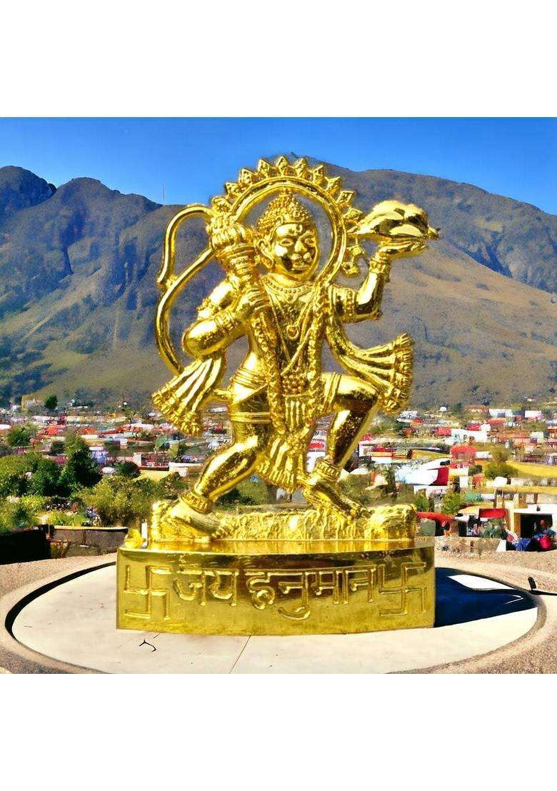 Brajstore Metal Hanuman Ji Murti Bajrangwali Idol For Gift Home And Office Temple Decorative Showpiece - 11 Cm(Aluminium Gold) - Indya