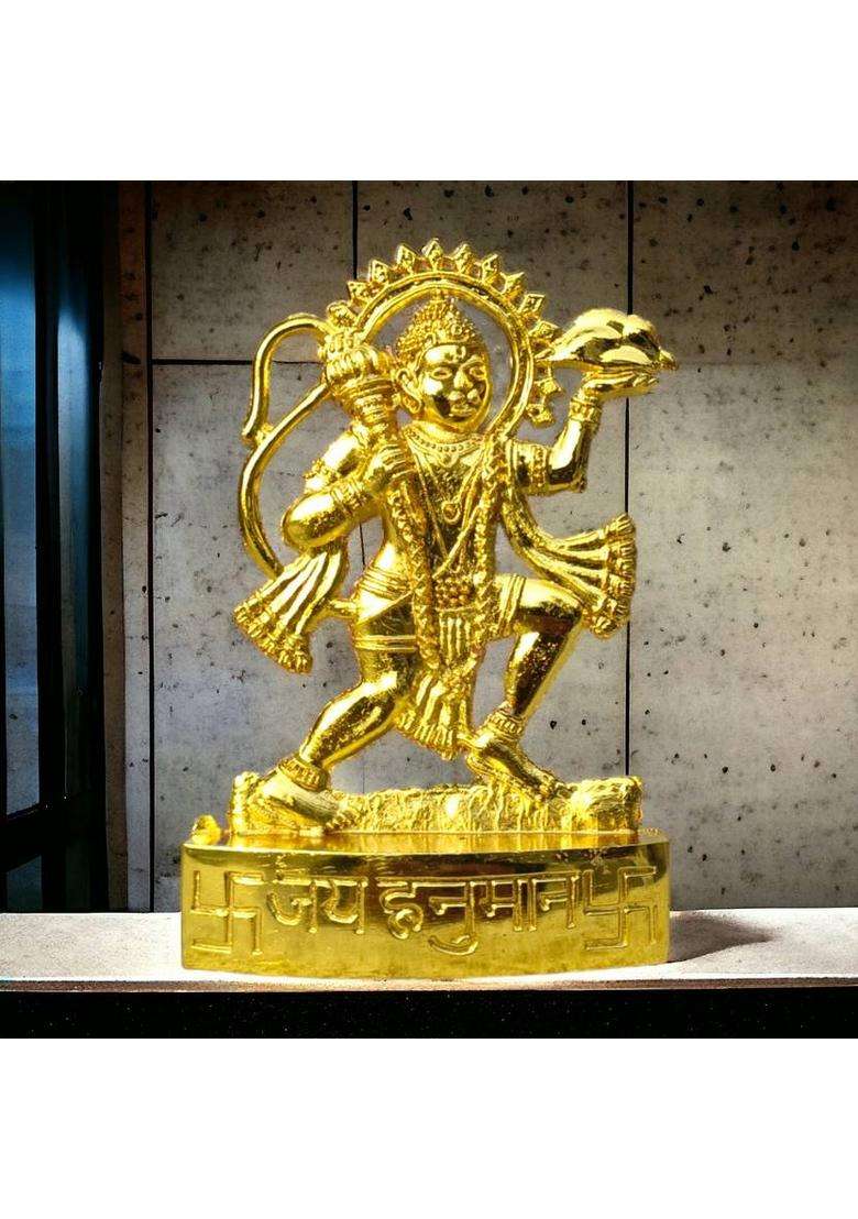 Brajstore Metal Hanuman Ji Murti Bajrangwali Idol For Gift Home And Office Temple Decorative Showpiece - 11 Cm(Aluminium Gold) - Indya
