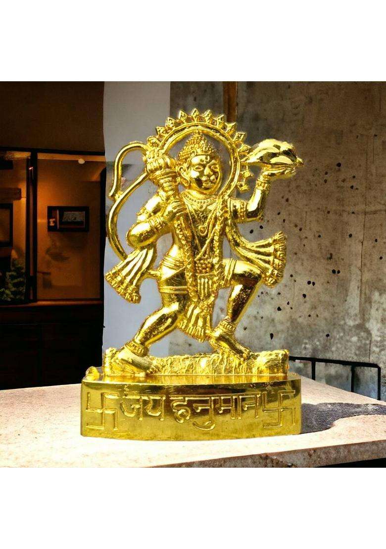Brajstore Metal Hanuman Ji Murti Bajrangwali Idol For Gift Home And Office Temple Decorative Showpiece - 11 Cm(Aluminium Gold) - Indya