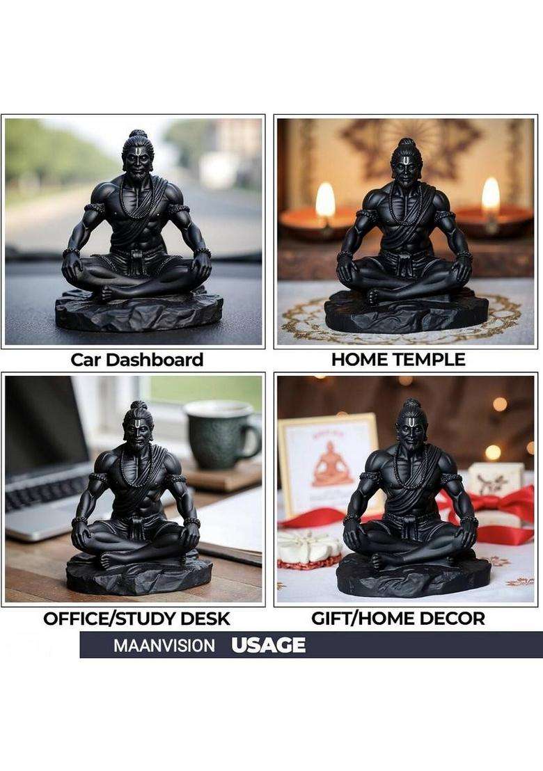 Maanvision Hanuman Ji Dhyan Mudra Sitting Meditation Statue Idol Hanuman Murti Decorative Showpiece - 10 Cm(Resin Black) - Indya