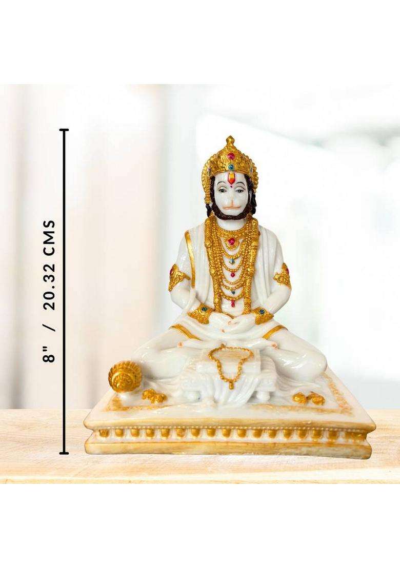 Serinity 8-Inch Hanuman Ji Idol Sitting On Base For Home Temple And Spiritual Dcor Decorative Showpiece - 20.32 Cm(Marble White Gold) - Indya