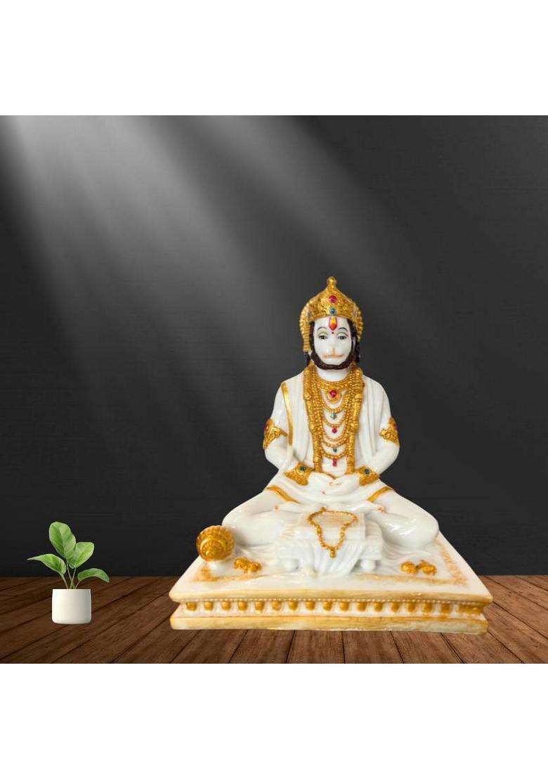 Serinity 8-Inch Hanuman Ji Idol Sitting On Base For Home Temple And Spiritual Dcor Decorative Showpiece - 20.32 Cm(Marble White Gold) - Indya