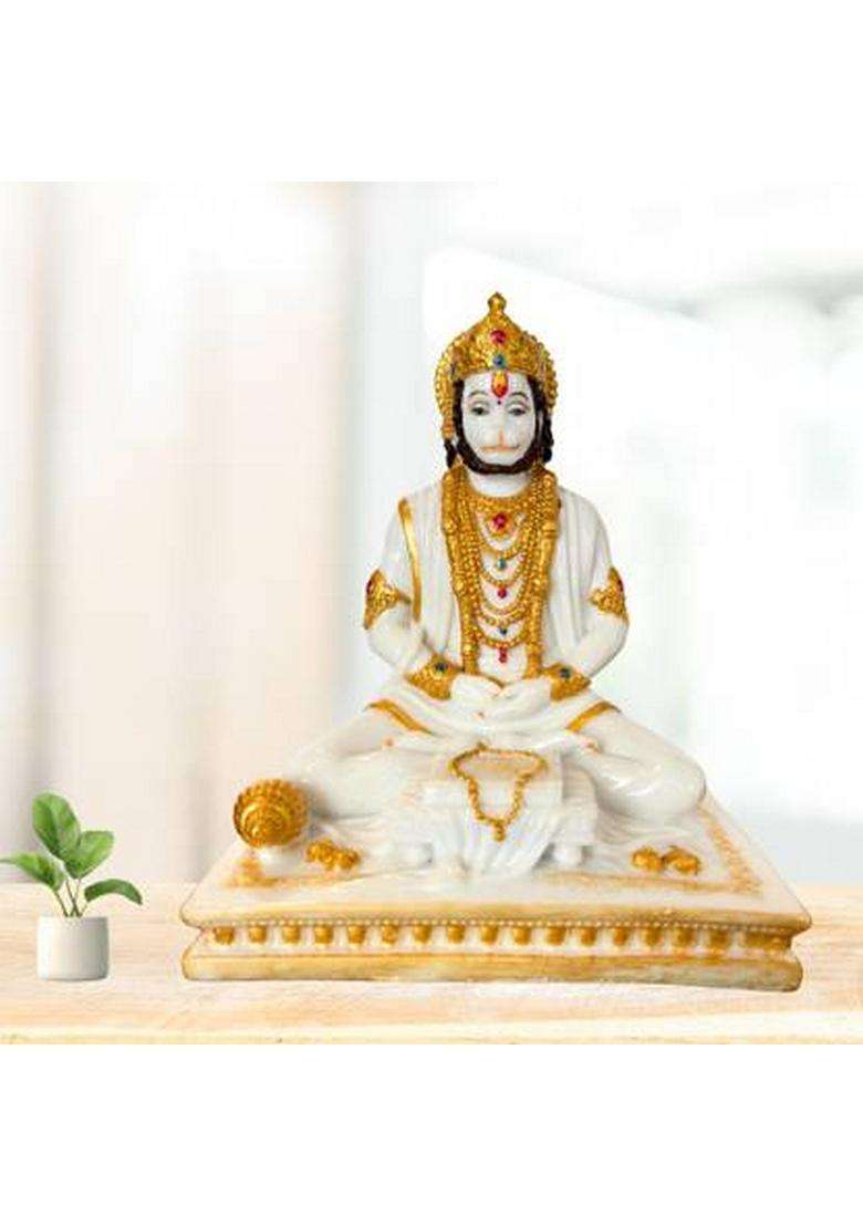 Serinity 8-Inch Hanuman Ji Idol Sitting On Base For Home Temple And Spiritual Dcor Decorative Showpiece - 20.32 Cm(Marble White Gold) - Indya