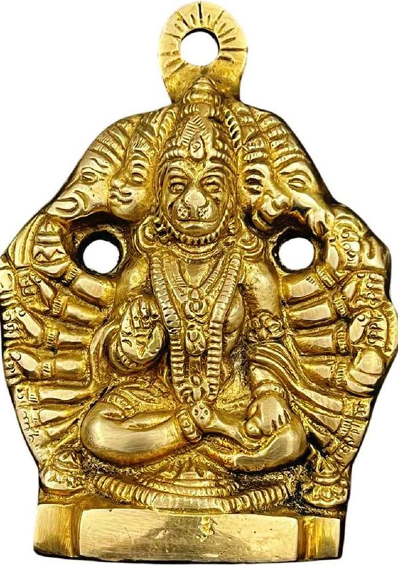 Numeroastro Panchmukhi Hanuman Ji Idol In Brass Wall Hanging (12 Cms) Decorative Showpiece - 12 Cm(Brass Gold) - Indya