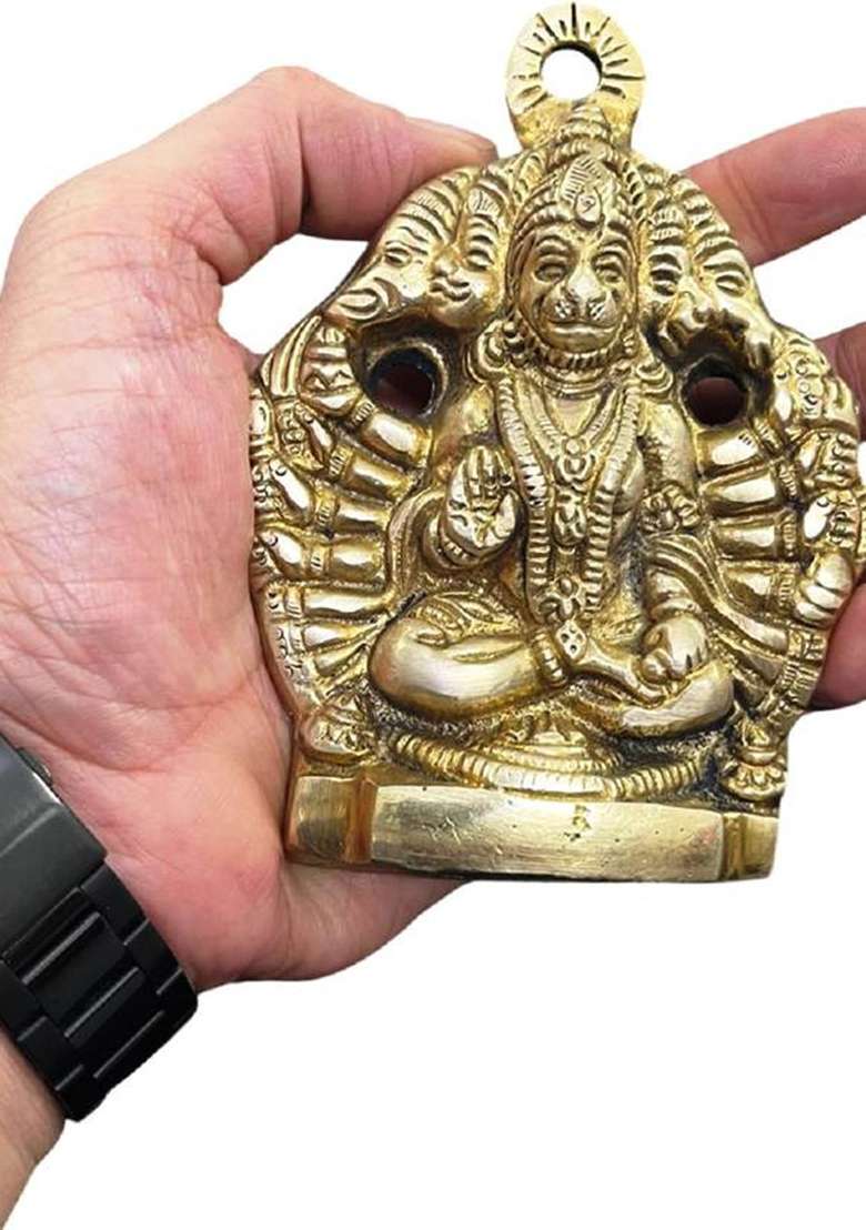 Numeroastro Panchmukhi Hanuman Ji Idol In Brass Wall Hanging (12 Cms) Decorative Showpiece - 12 Cm(Brass Gold) - Indya