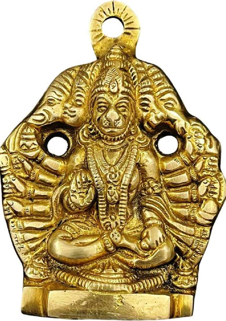 Numeroastro Panchmukhi Hanuman Ji Idol In Brass Wall Hanging (12 Cms) Decorative Showpiece - 12 Cm(Brass Gold) - Indya