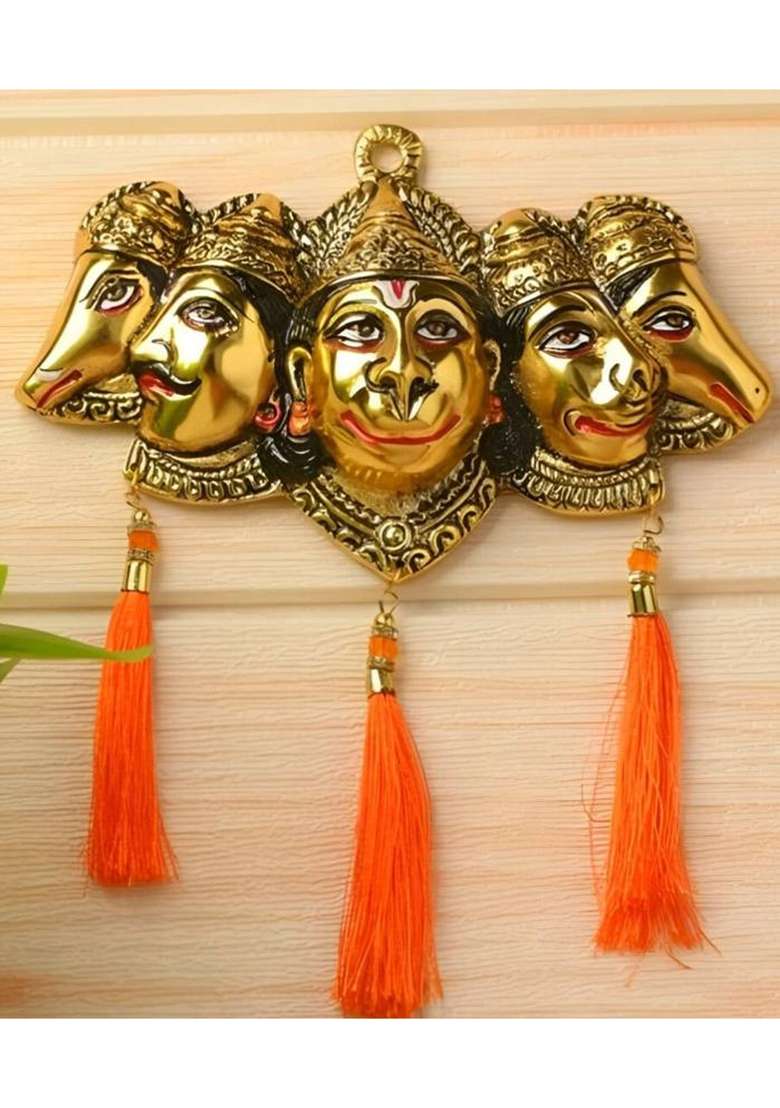 Laxa Vastu Santi Panchmukhi Hanuman Ji Idol Wall Hanging Decorative Showpiece - 19 Cm(Metal Gold) - Indya