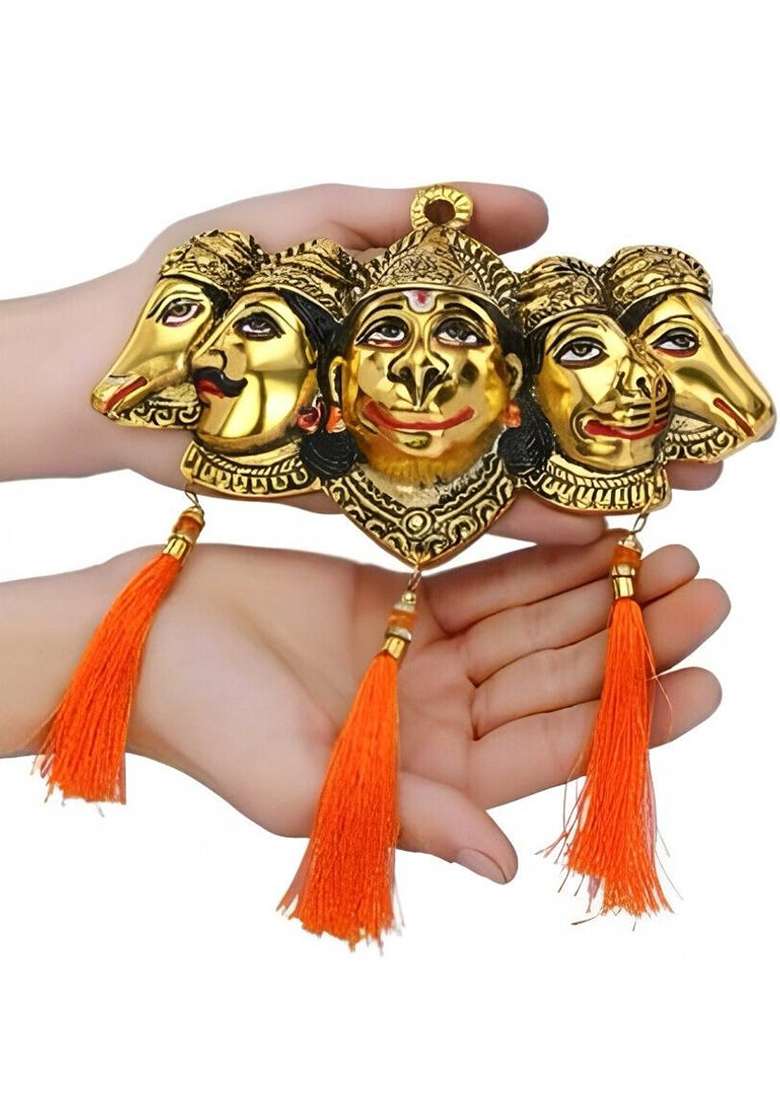 Laxa Vastu Santi Panchmukhi Hanuman Ji Idol Wall Hanging Decorative Showpiece - 19 Cm(Metal Gold) - Indya