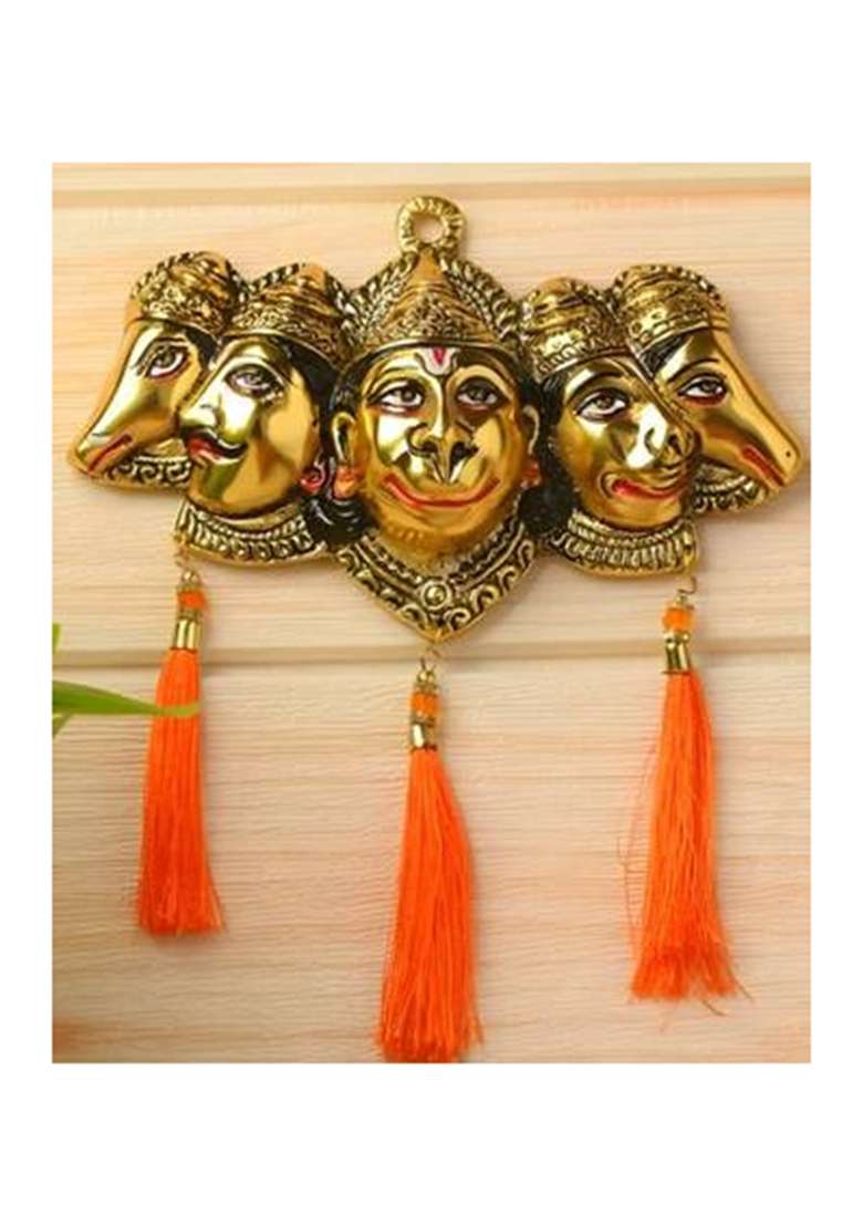 Laxa Vastu Santi Panchmukhi Hanuman Ji Idol Wall Hanging Decorative Showpiece - 19 Cm(Metal Gold) - Indya