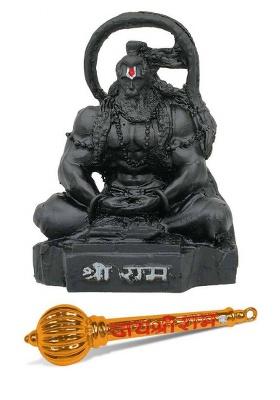 Pundriksh Combo Of Hamuman Jai Shree Ram Gada & Sitting Meditation Hanuman Ji Idol Murti Decorative Showpiece - 10 Cm(Resin Multicolor)