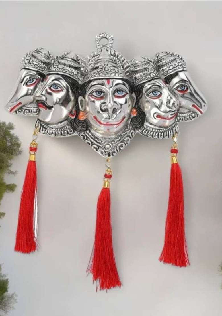 Pg Handicrafts Panchmukhi Hanuman Ji Murti For Statue Wall Hanging Showpiece With Silk Latkan Decorative Showpiece - 12 Cm(Metal Silver) - Indya