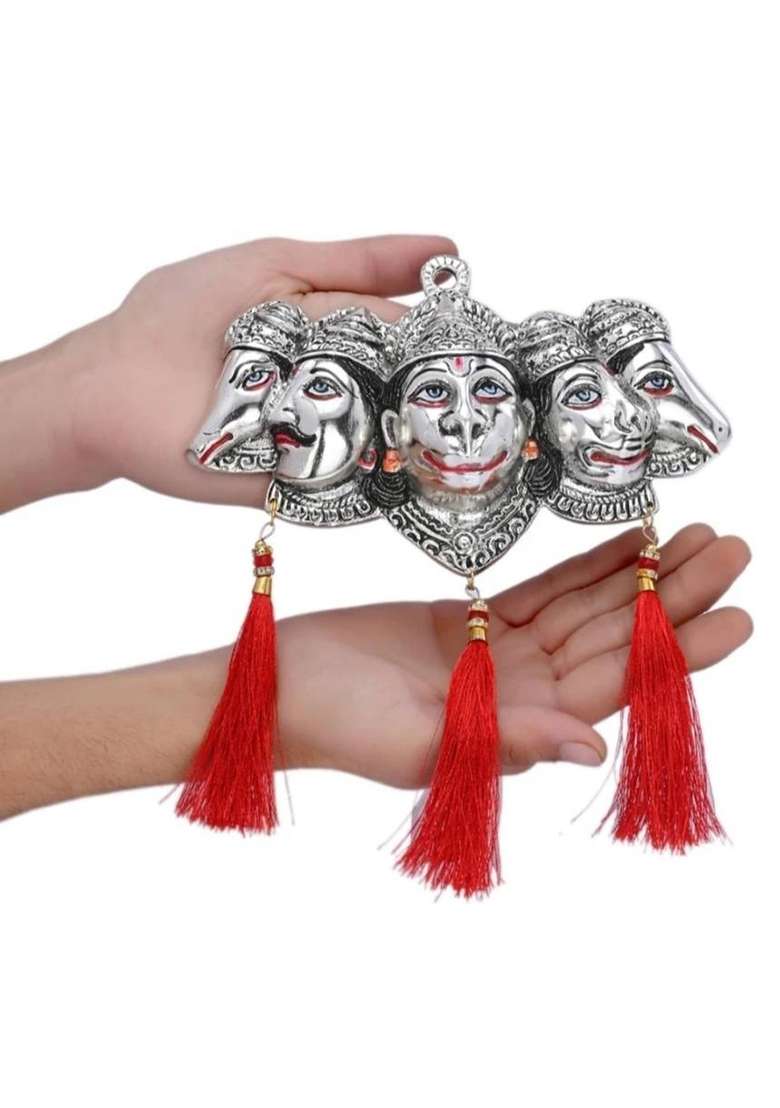 Pg Handicrafts Panchmukhi Hanuman Ji Murti For Statue Wall Hanging Showpiece With Silk Latkan Decorative Showpiece - 12 Cm(Metal Silver) - Indya