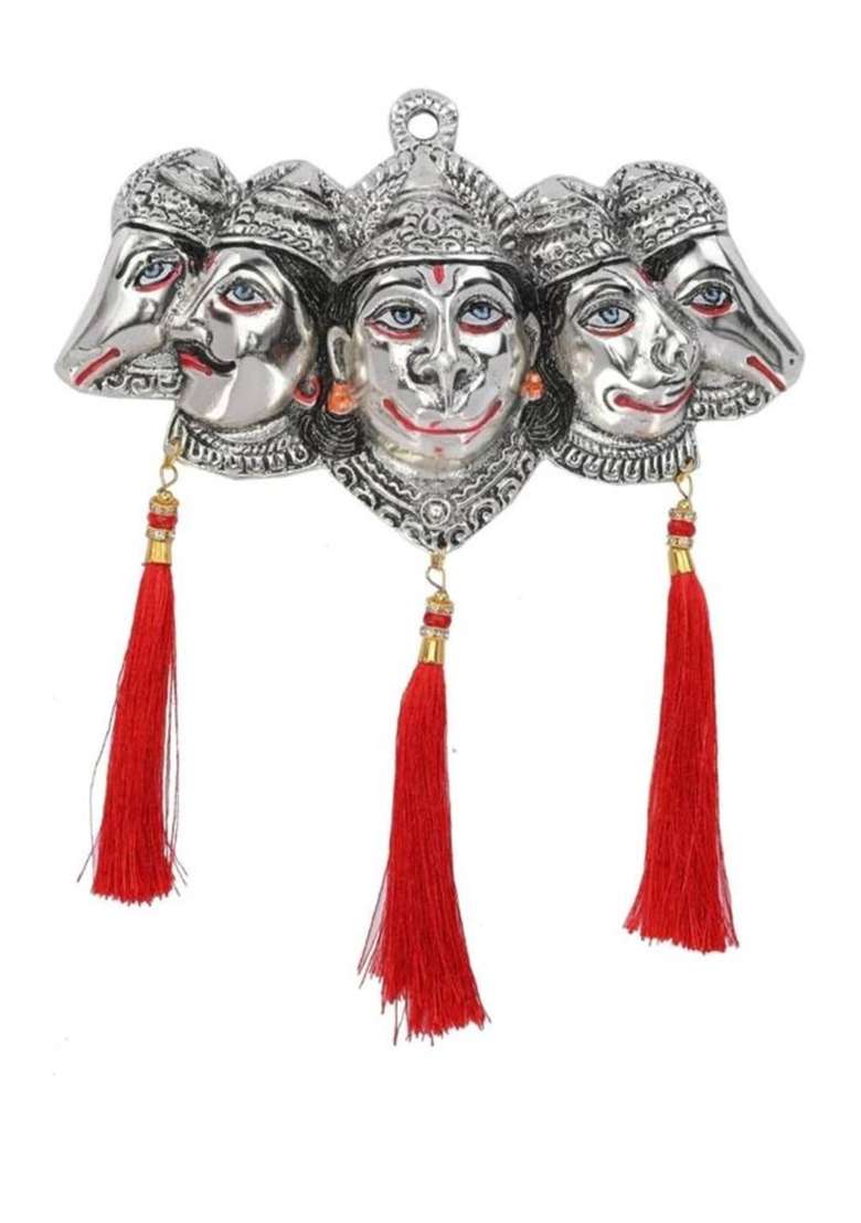 Pg Handicrafts Panchmukhi Hanuman Ji Murti For Statue Wall Hanging Showpiece With Silk Latkan Decorative Showpiece - 12 Cm(Metal Silver) - Indya