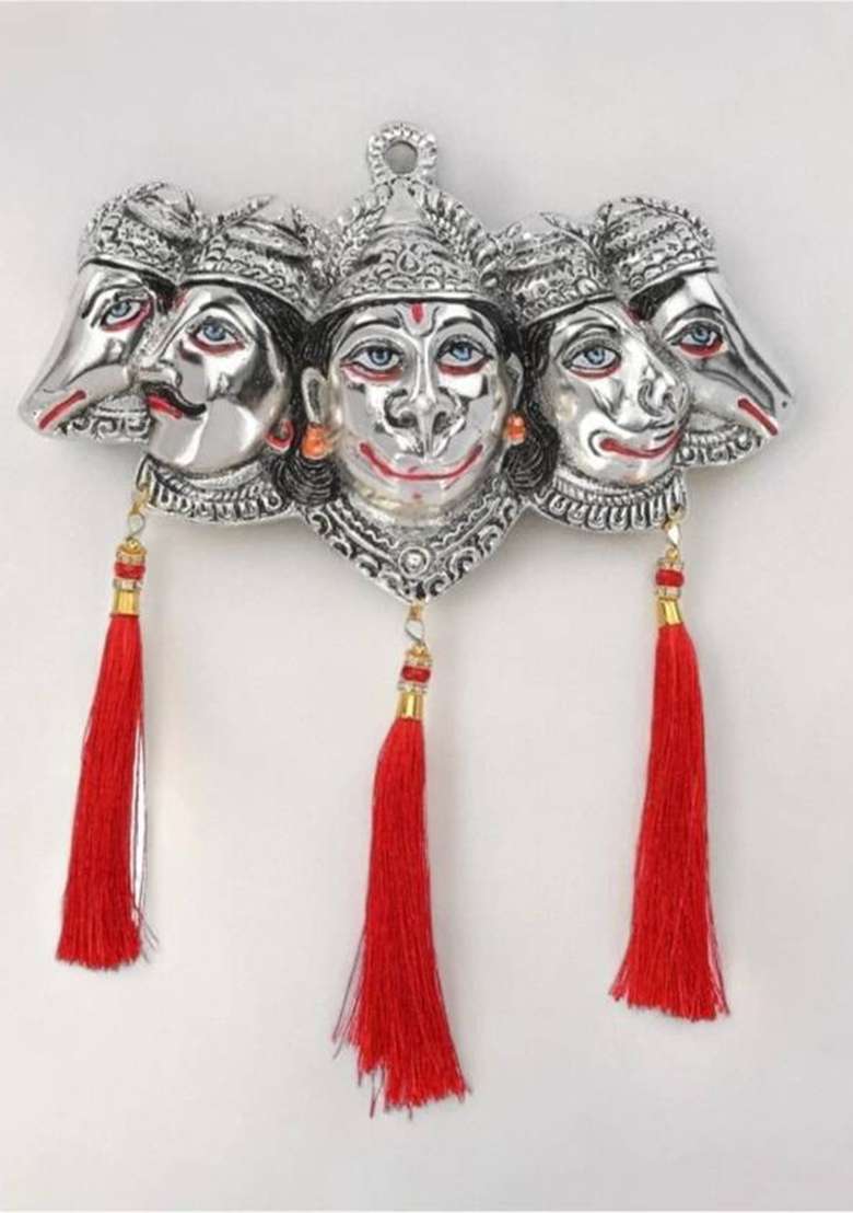 Pg Handicrafts Panchmukhi Hanuman Ji Murti For Statue Wall Hanging Showpiece With Silk Latkan Decorative Showpiece - 12 Cm(Metal Silver) - Indya