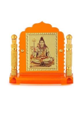 Divine Collections Enterprises Divcoll Shiv Ji Gold Plated Photo In Polyresin Frame With Engraved Brass Pillars Decorative Showpiece - 7.5 Cm(Glass Orange)