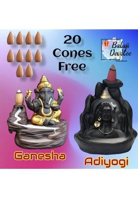 Namaha Lord Shiva Adiyogi & Ganesha Backflow Smoke Fountain Incense Holder With Cones Decorative Showpiece - 12 Cm(Polyresin Black Gold)
