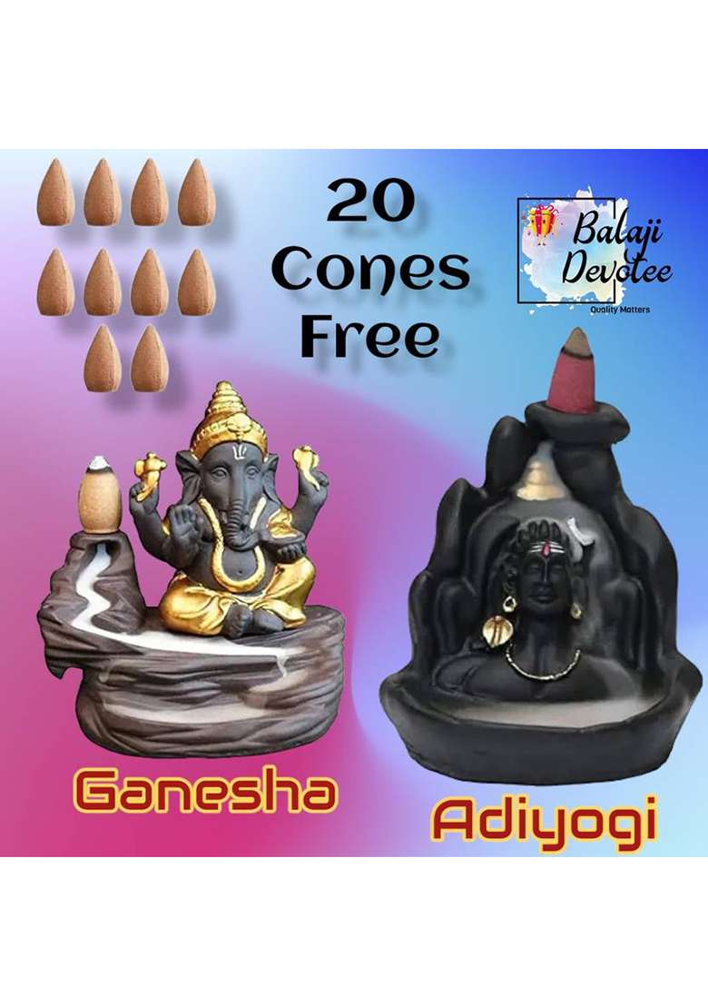 Namaha Lord Shiva Adiyogi & Ganesha Backflow Smoke Fountain Incense Holder With Cones Decorative Showpiece - 12 Cm(Polyresin Black Gold) - Indya