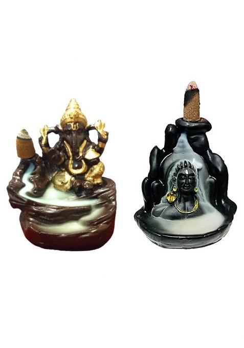 Brassy Backflow Incense Burner Shiva Ganesh Mahayogi Shivling Fountain With 10 Cones Decorative Showpiece - 11 Cm(Polyresin Black)