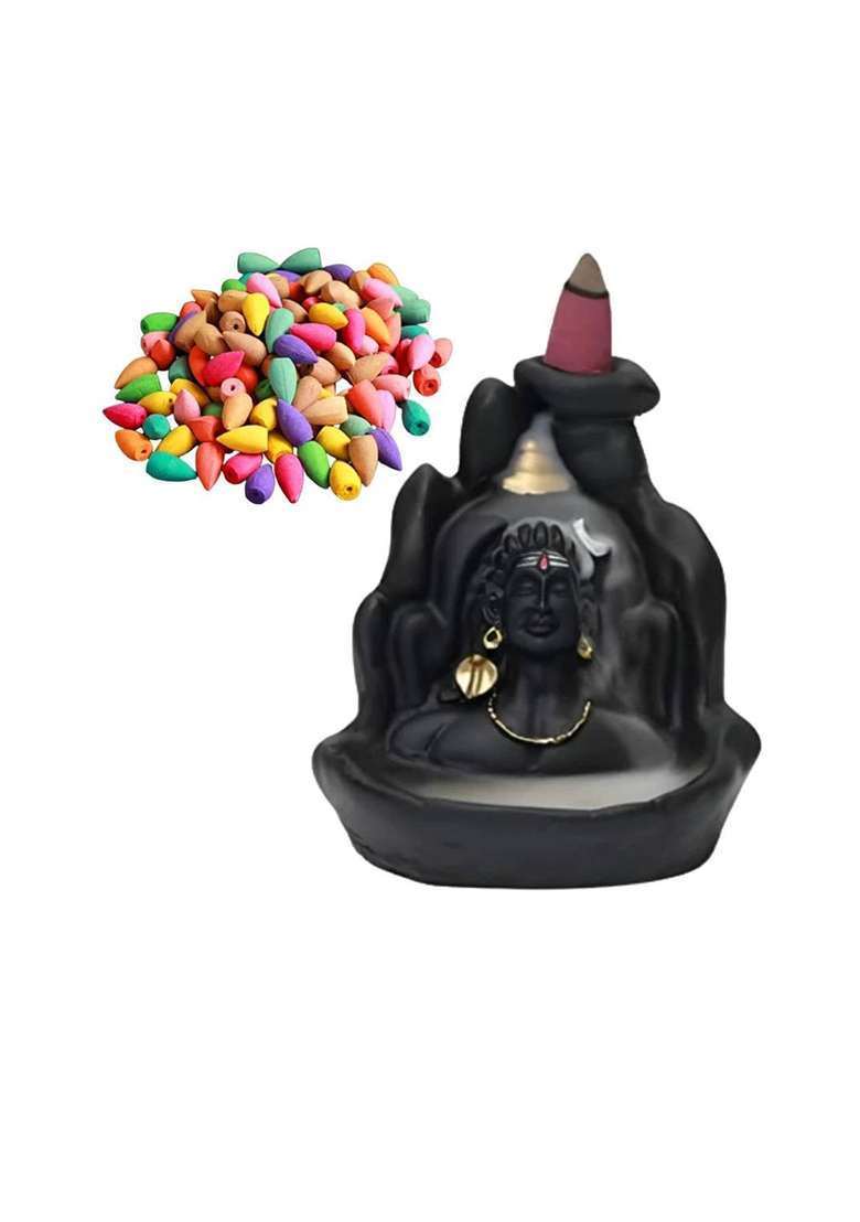 Decorart Lord Shiva Backflow Smoke Fountain Incense Holder With 51 Backflow Cones/Dhoop Decorative Showpiece - 12 Cm(Polyresin Black) - Indya