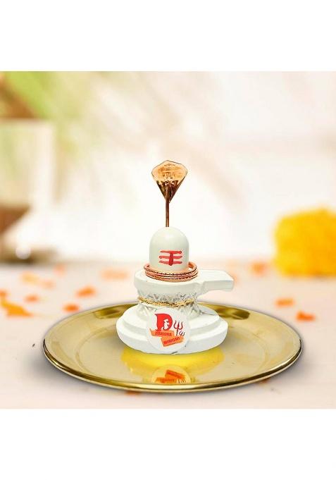 Elitetouch Shiva Lingam With Copper Naag / Copper Naag For Shivling / Shivling For Puja Decorative Showpiece - 10 Cm(Resin White)
