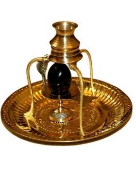 Yashodanandan Shaligram Shivling Stone Original With Shivling StandBrass Trishul Om Plate Set Decorative Showpiece - 10 Cm(Brass Brown)