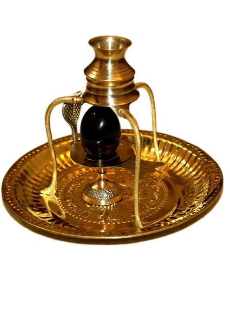 Yashodanandan Shaligram Shivling Stone Original With Shivling StandBrass Trishul Om Plate Set Decorative Showpiece - 10 Cm(Brass Brown) - Indya