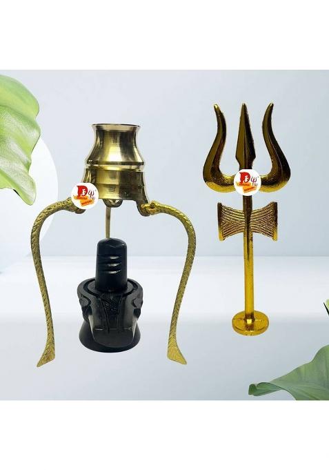 Yashodanandan Brass Abhishek Patra Stand With Trishul & Black Shivling Trishul With Shivling Decorative Showpiece - 12 Cm(Brass Gold)