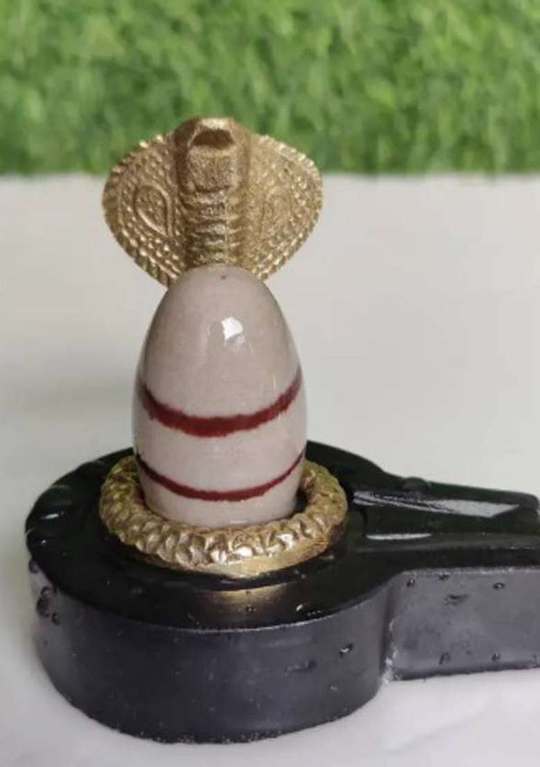Shivling Original/ Natural Narmadeswar Shivling With Jaldhari Naag Nandi For Tempal Puja Decorative Showpiece - 2.5 Cm(Stone Brown Black White Yellow Yellow Green Red Silver Multicolor) - Indya