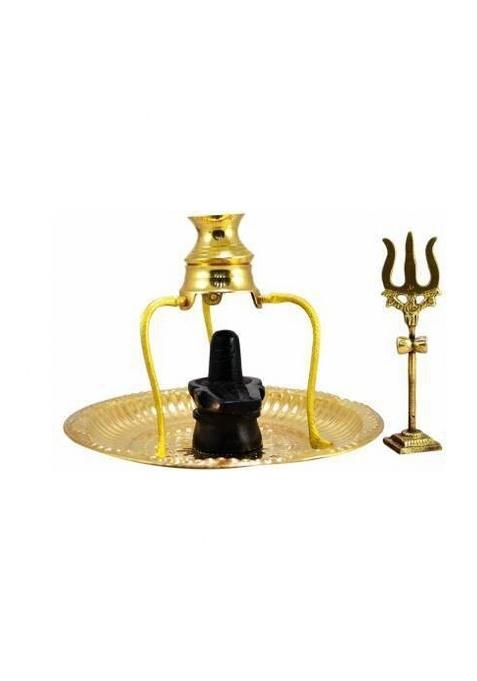 Elitetouch Marble Shivling Shiva Lingam Shivling Stand Kalash Lota Stand With Trishul Decorative Showpiece - 14 Cm(Brass Gold Black)