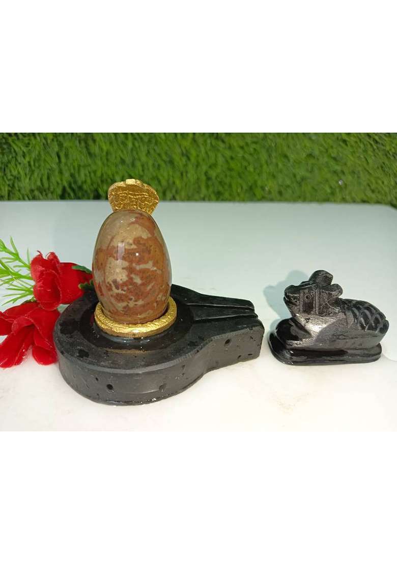 Shivling Original Narmadeshwar Shivling With Jaladhari 1.5 Inch Lingam 3 Inch Jaladhari Decorative Showpiece - 2.5 Cm(Stone Brown Black White Yellow Yellow Green Red Silver Multicolor) - Indya