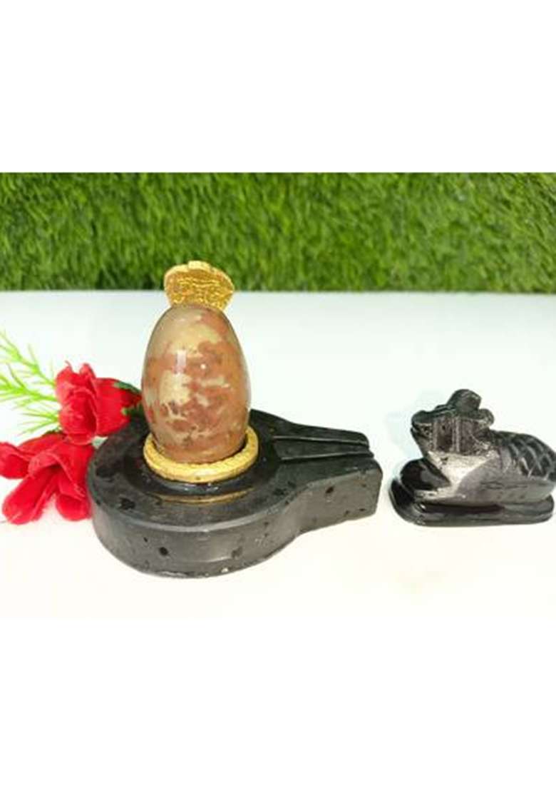 Shivling Original Narmadeshwar Shivling With Jaladhari 1.5 Inch Lingam 3 Inch Jaladhari Decorative Showpiece - 2.5 Cm(Stone Brown Black White Yellow Yellow Green Red Silver Multicolor) - Indya