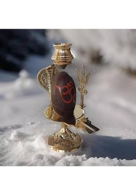 Salvusappsolutions Metal & Natural Stone Narmadeshwar Shiva Ling With Small Golden Trishul & Temple Decorative Showpiece - 15 Cm(Metal Stone Gold)