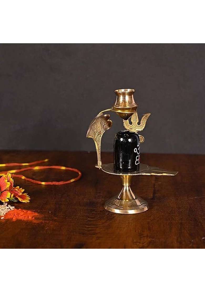 A & S Ventures Brass Shiva Lingam Abhishek Patra With Trishul And Nag For Pooja Decorative Showpiece - 9 Cm(Brass Marble Black) - Indya