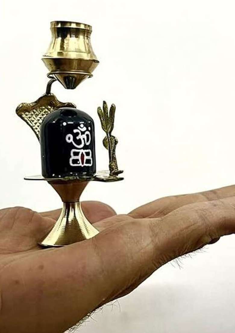 A & S Ventures Brass Shiva Lingam Abhishek Patra With Trishul And Nag For Pooja Decorative Showpiece - 9 Cm(Brass Marble Black) - Indya