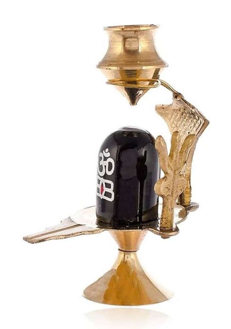 A & S Ventures Brass Shiva Lingam Abhishek Patra With Trishul And Nag For Pooja Decorative Showpiece - 9 Cm(Brass Marble Black) - Indya