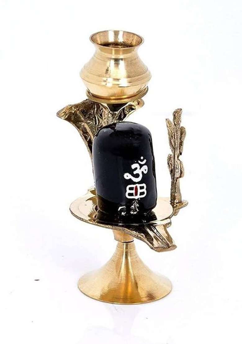A & S Ventures Brass Shiva Lingam Abhishek Patra With Trishul And Nag For Pooja Decorative Showpiece - 9 Cm(Brass Marble Black) - Indya