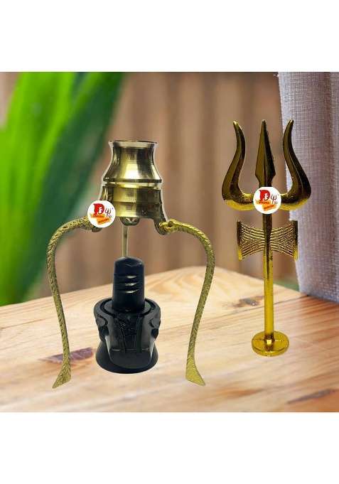 Daridra Bhanjan Marble Black Shivling With Kalash Stand & Shiva TrishulWater Stand For Shivling Decorative Showpiece - 12 Cm(Brass Gold)
