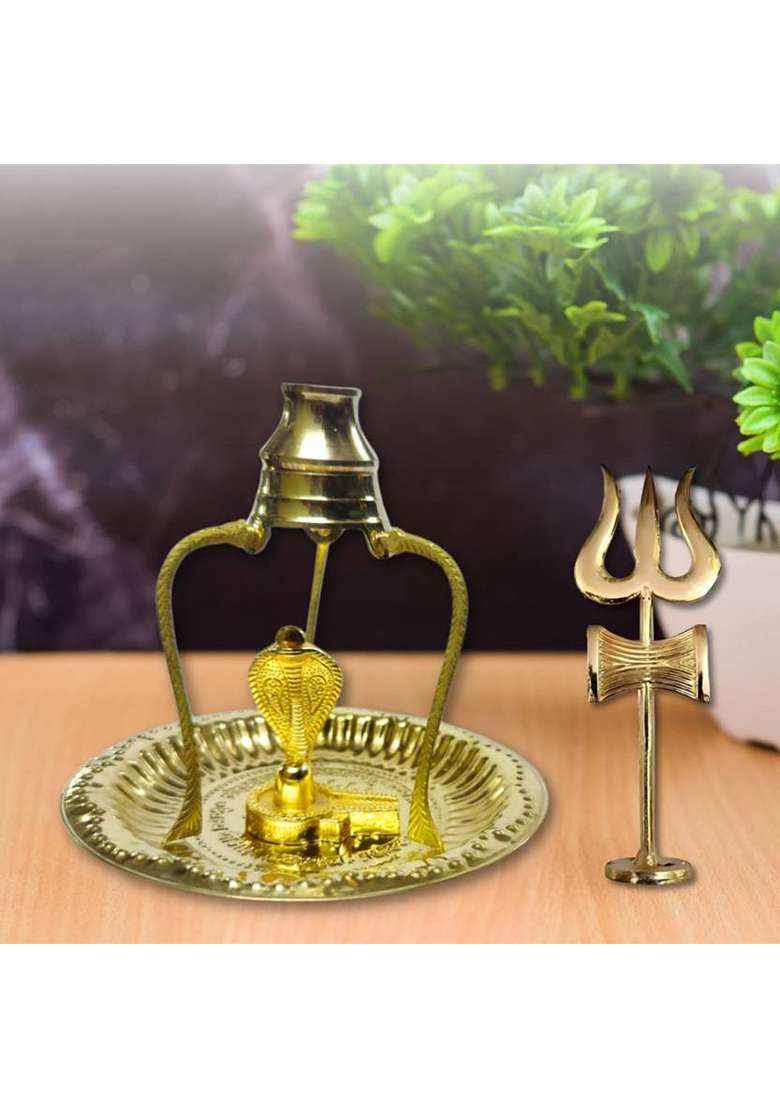 Daridra Bhanjan Shivling With Trishul Brass Temple Shivling Shivling Stand Shivling Jal Patra Decorative Showpiece - 12 Cm(Metal Gold) - Indya