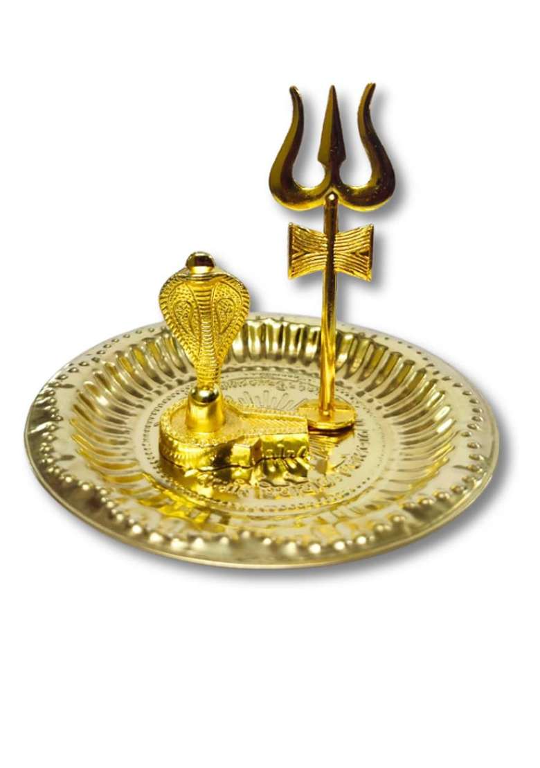 Daridra Bhanjan Shivling With Trishul Brass Temple Shivling Shivling Stand Shivling Jal Patra Decorative Showpiece - 12 Cm(Metal Gold) - Indya