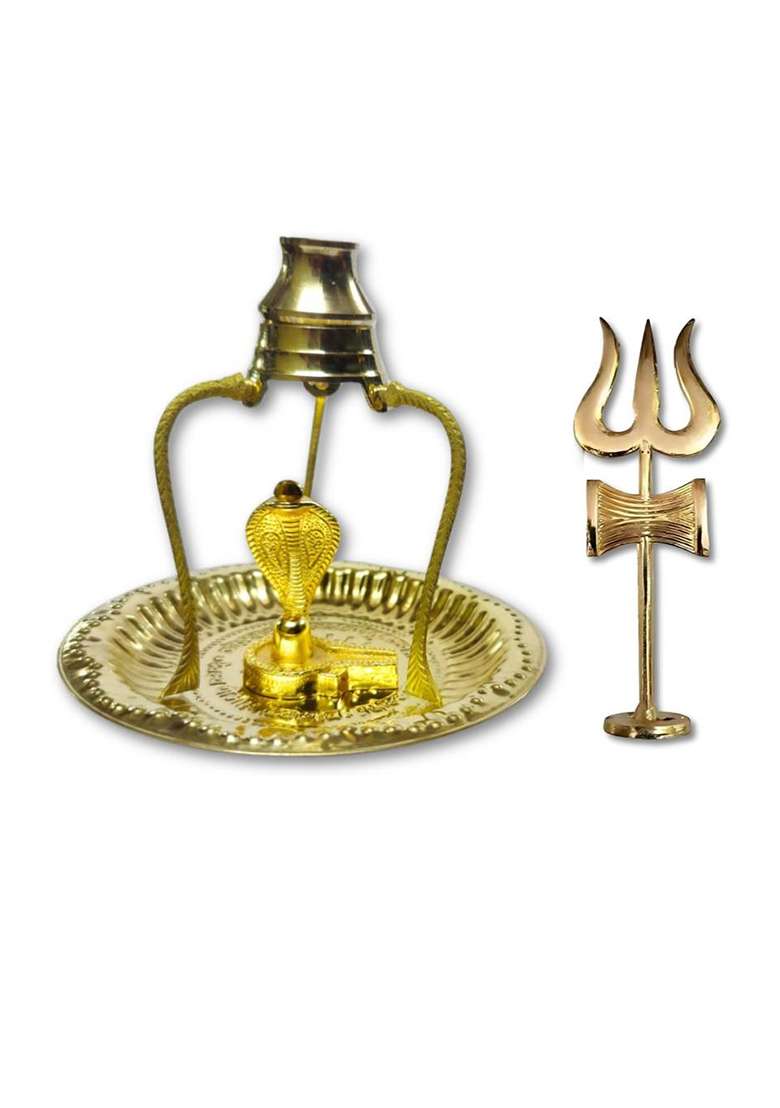 Daridra Bhanjan Shivling With Trishul Brass Temple Shivling Shivling Stand Shivling Jal Patra Decorative Showpiece - 12 Cm(Metal Gold) - Indya