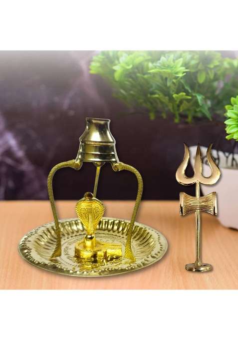 Daridra Bhanjan Shivling With Trishul Brass Temple Shivling Shivling Stand Shivling Jal Patra Decorative Showpiece - 12 Cm(Metal Gold)