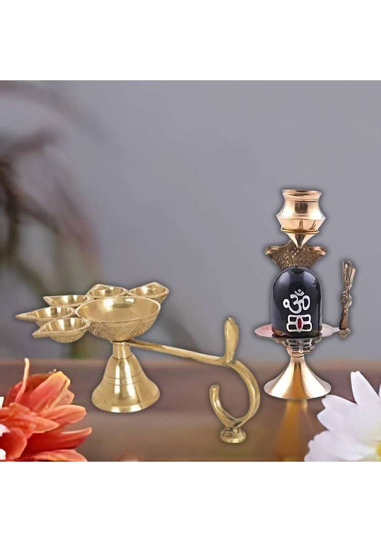 Daridra Bhanjan Brass Panch Aarti Diya Oil Lamp & Brass Shiva Lingam / Shiva Ling Lingam Statue Decorative Showpiece - 7 Cm(Brass Multicolor) - Indya