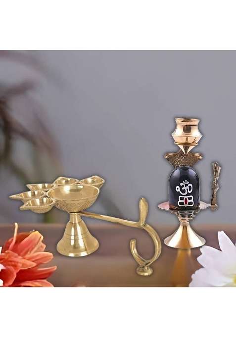 Daridra Bhanjan Brass Panch Aarti Diya Oil Lamp & Brass Shiva Lingam / Shiva Ling Lingam Statue Decorative Showpiece - 7 Cm(Brass Multicolor)