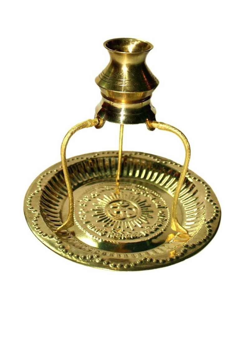 Sanskaari Brass Pooja Plate Thali With Shivling Stand And Abhishek Lota Kalash Decorative Showpiece - 12 Cm(Brass Gold) - Indya