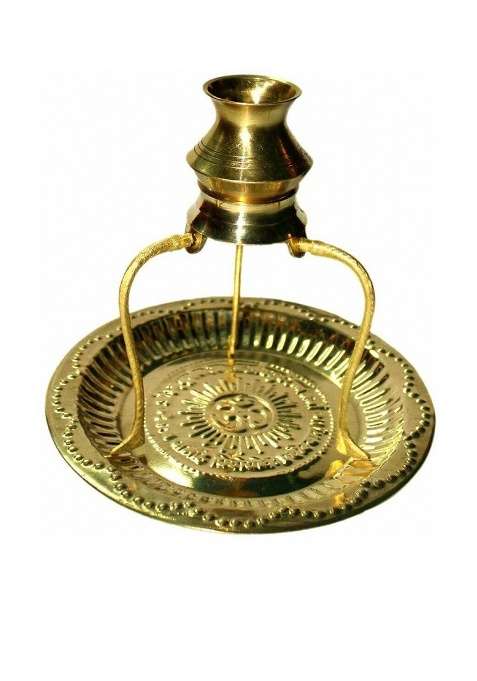 Sanskaari Brass Pooja Plate Thali With Shivling Stand And Abhishek Lota Kalash Decorative Showpiece - 12 Cm(Brass Gold)