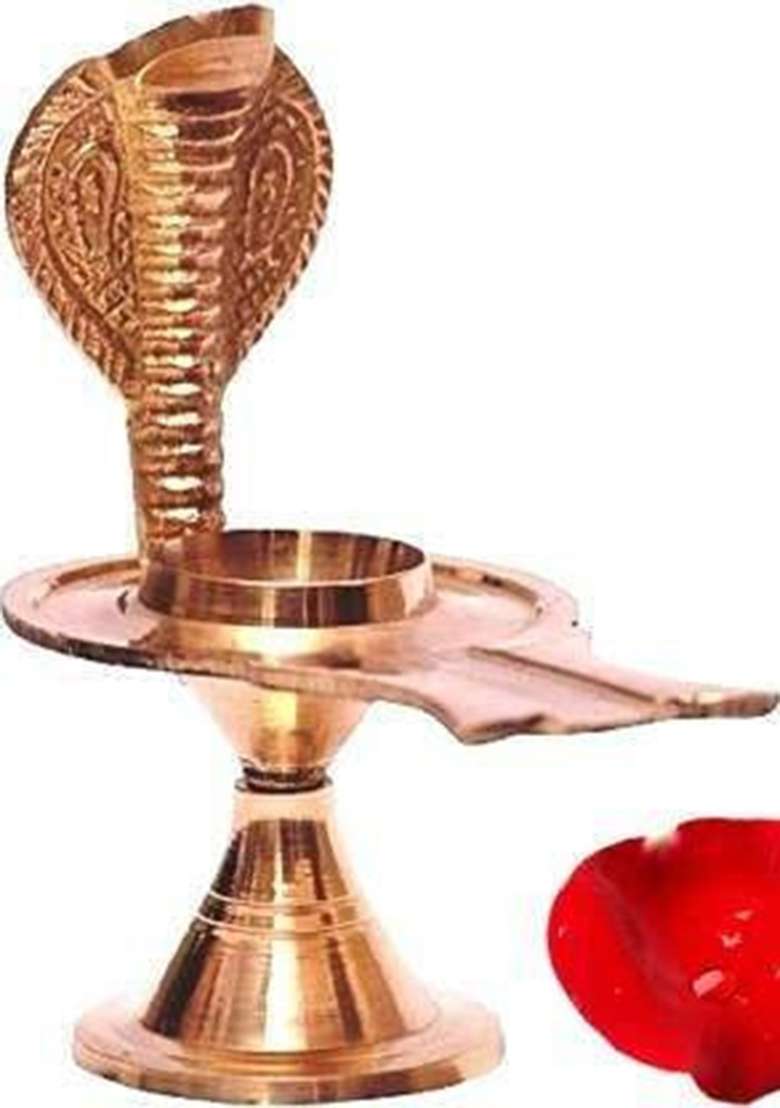 Devlink Decorative Brass Shivling Stand With Nag Shiv Lingam Holder For Temple - 60G Decorative Showpiece - 9 Cm(Metal Gold) - Indya