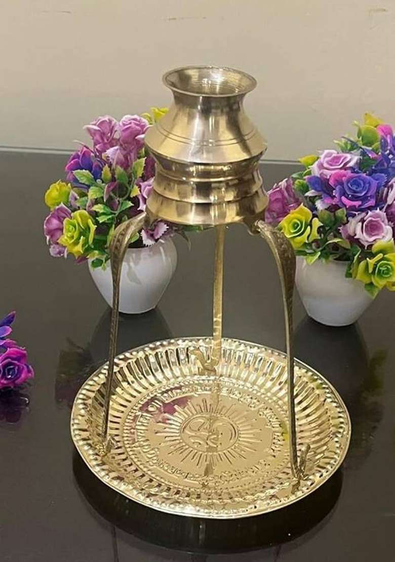 Chkoteravatiya Brass Jaldhari Stand With Plate 7 Inch Set For Shivling Jalabhishek Decorative Showpiece - 17 Cm(Brass Gold) - Indya