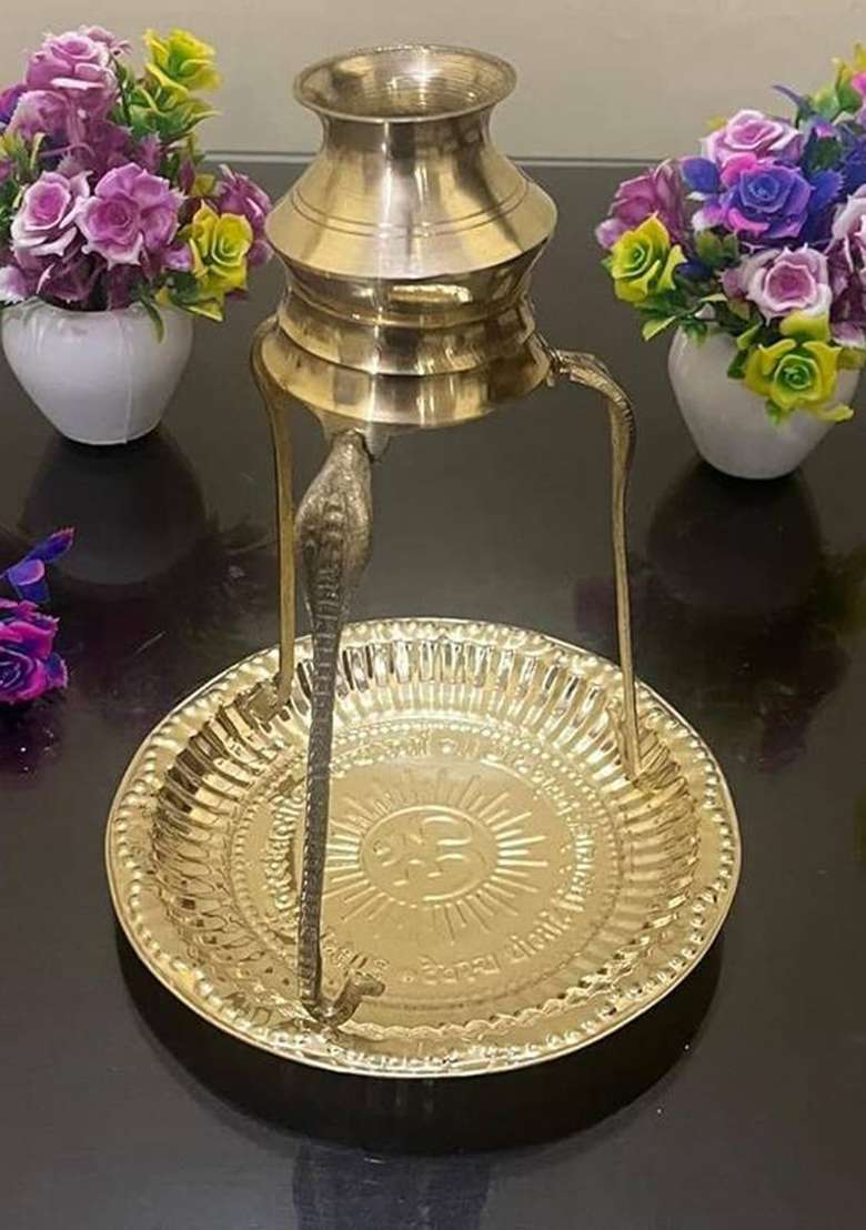 Chkoteravatiya Brass Jaldhari Stand With Plate 7 Inch Set For Shivling Jalabhishek Decorative Showpiece - 17 Cm(Brass Gold) - Indya